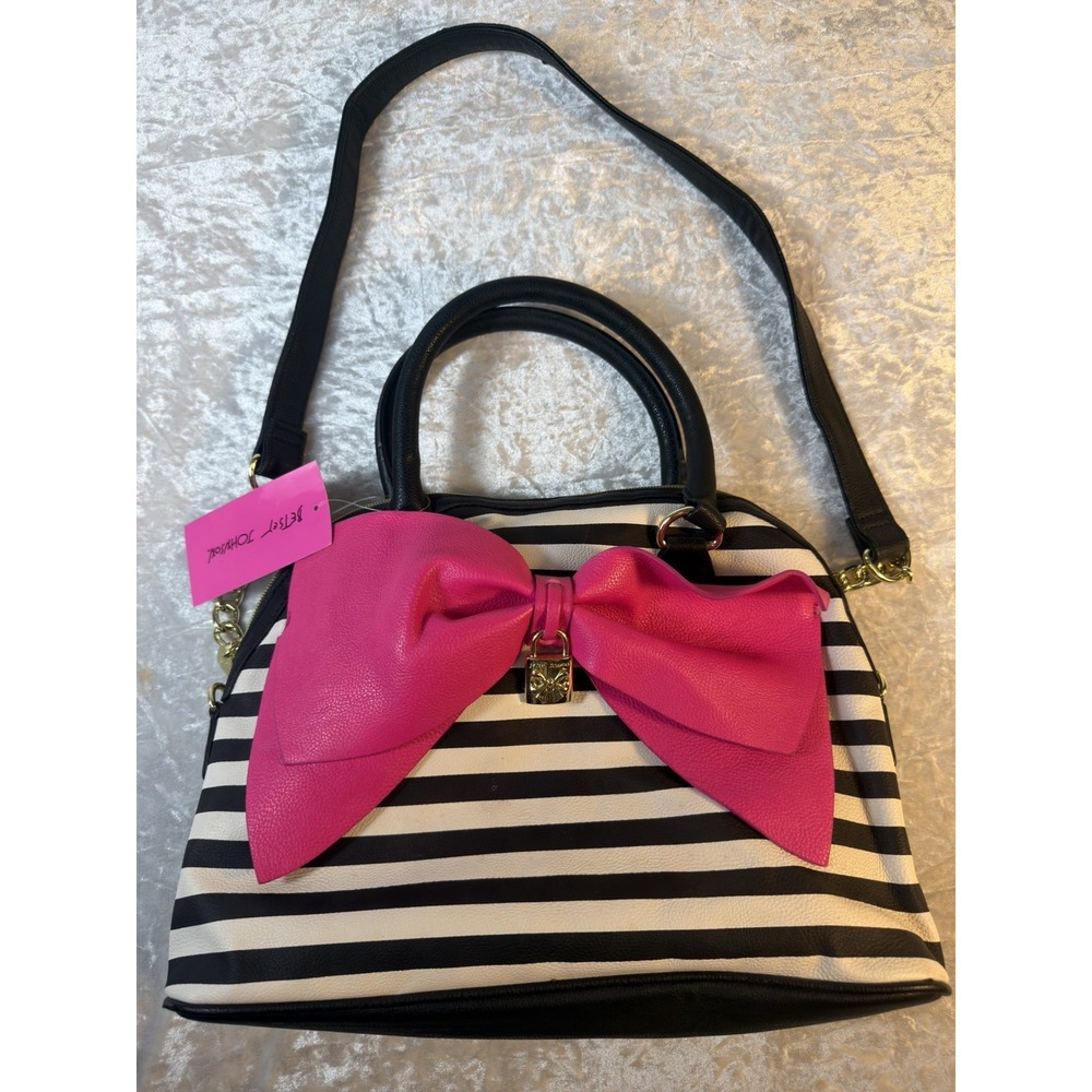 Betsey Johnson Bow Nanza Satchel Bag Black White Pink Bow NWT Y2K Purse